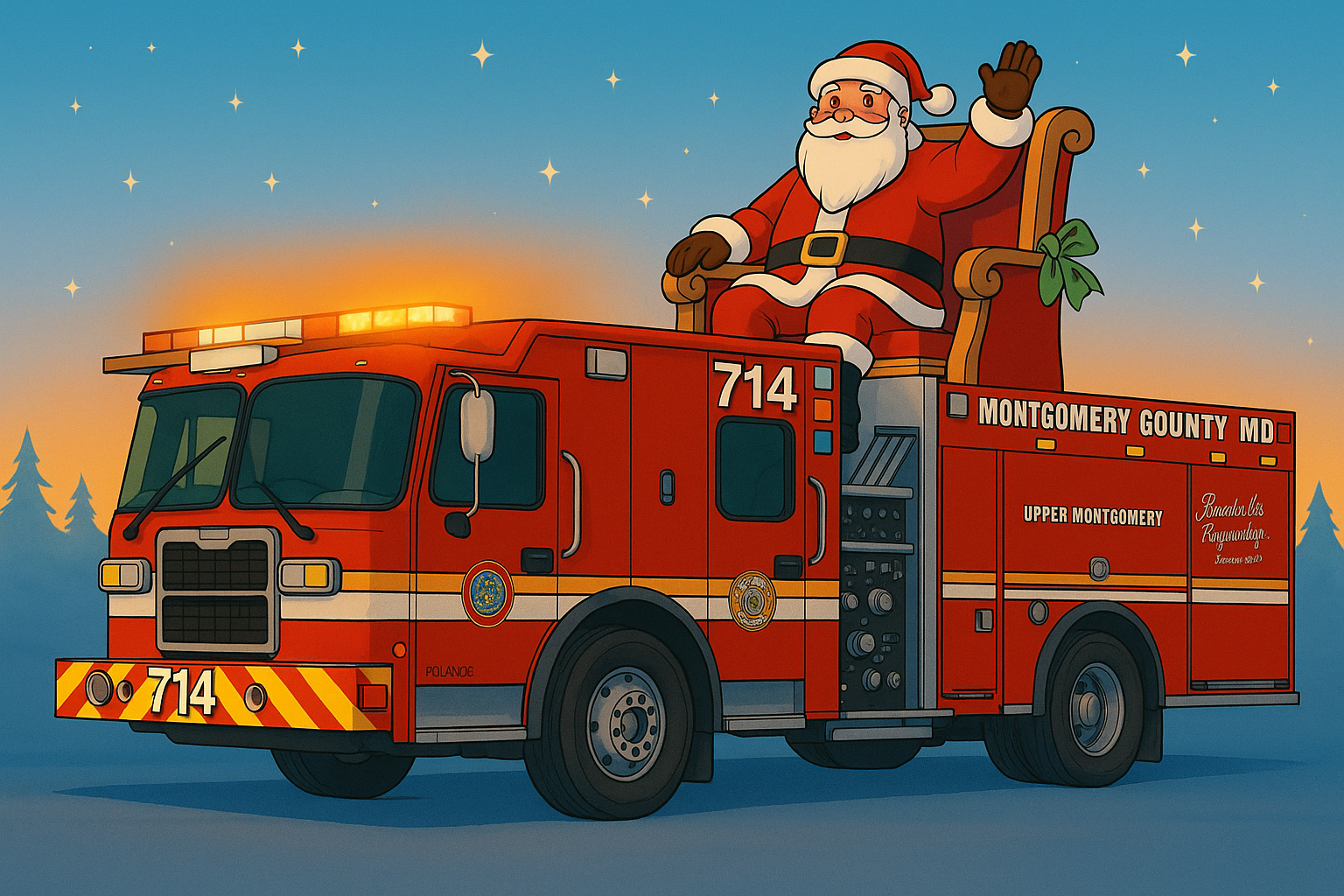 Cartoon graphic of Santa riding on top of Engine 714
